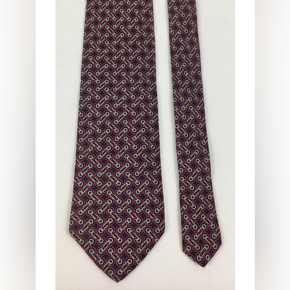 Brooks Brothers Tie Blue Burgundy Silver Geometric Pattern 57” Great Condition